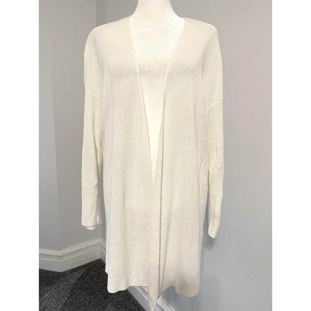 Eileen Fisher Open Front Cardigan Size Small Organic Linen Cotton Ribbed Ivory